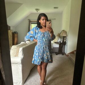 Free People floral bohemian mini dress in river blue